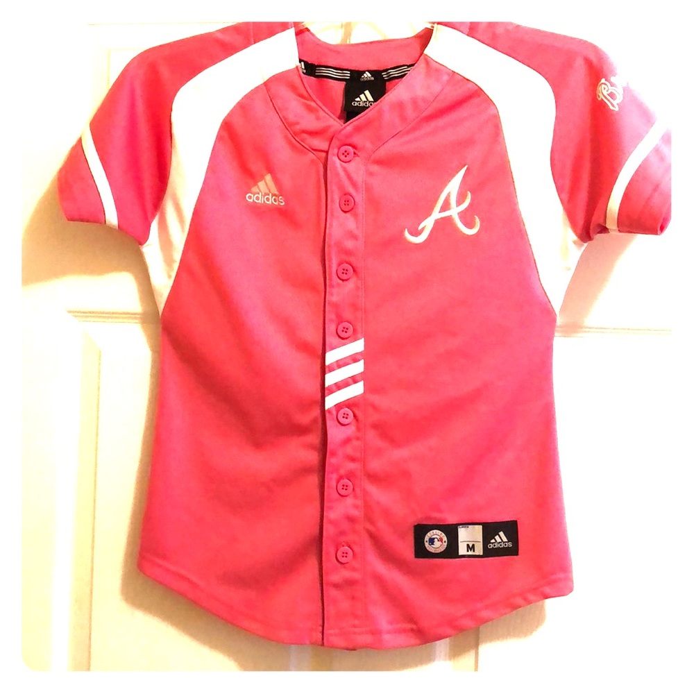 Pink adidas Braves button jersey.